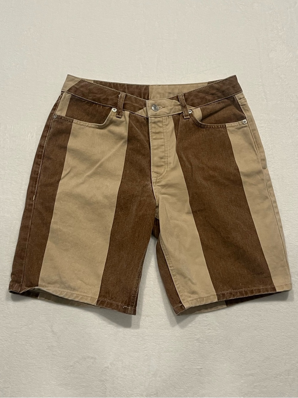 Topman Brown & Tan Striped Men’s Jean Shorts 32” Waist & 9” Inseam - Excellent